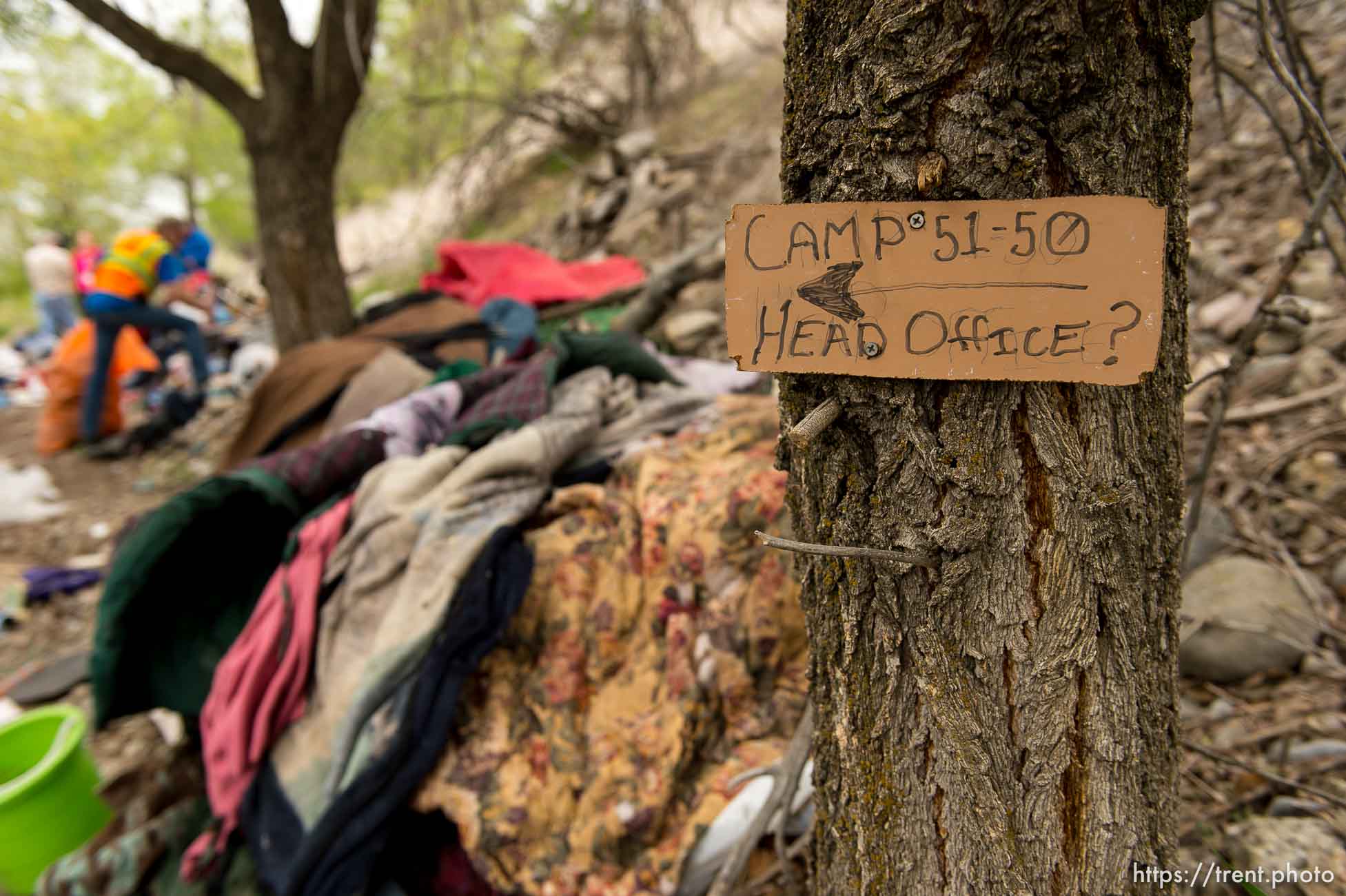 Trent Nelson  |  The Salt Lake Tribune
A sign at the entrance to an encampment. Salt Lake County Health Department and inmates doing community service spent the day cleaning out homeless encampments on the north side of Salt Lake City, Tuesday April 22, 2014.