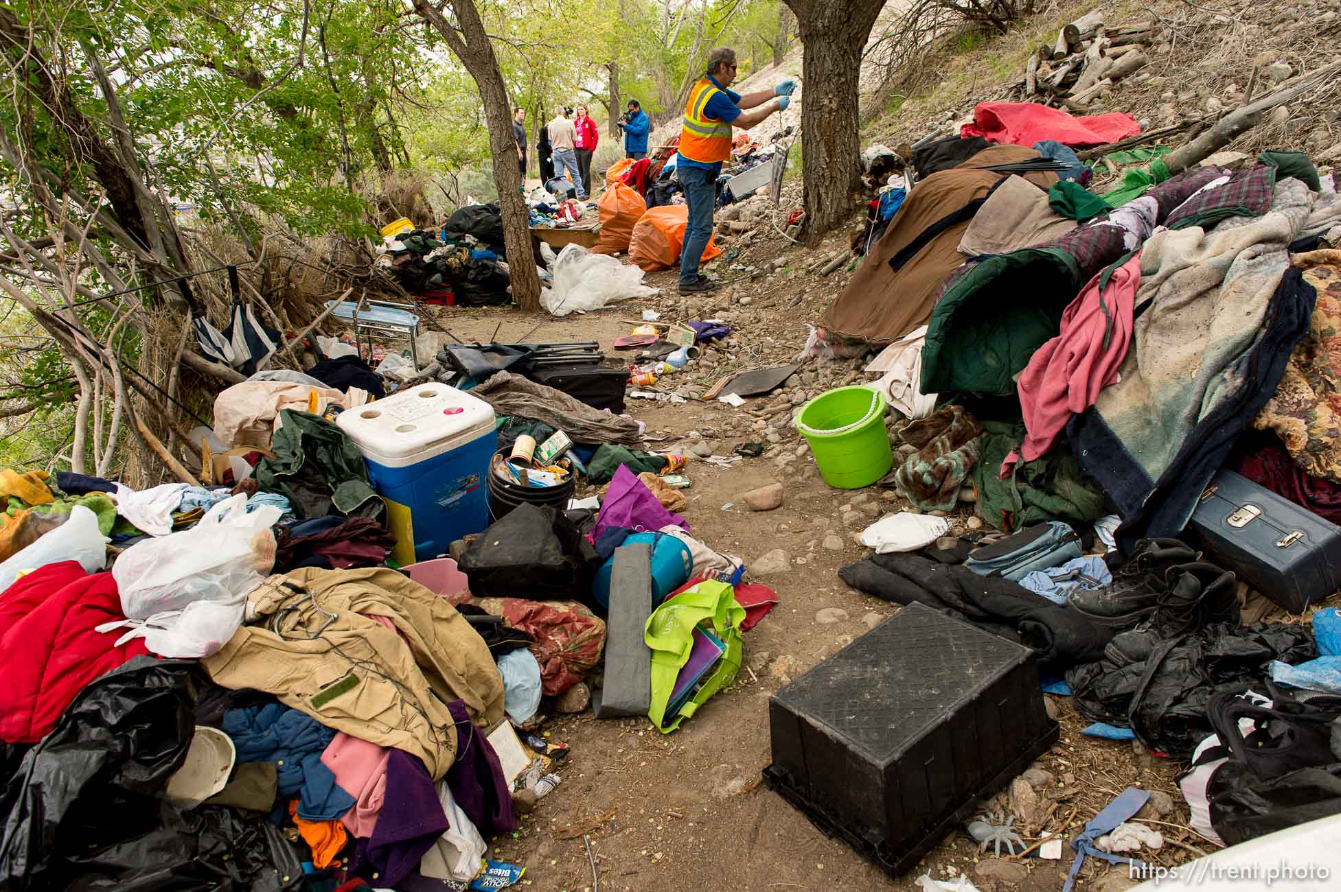 Trent Nelson  |  The Salt Lake Tribune
Salt Lake County Health Department and inmates doing community service spent the day cleaning out homeless encampments on the north side of Salt Lake City, Tuesday April 22, 2014.