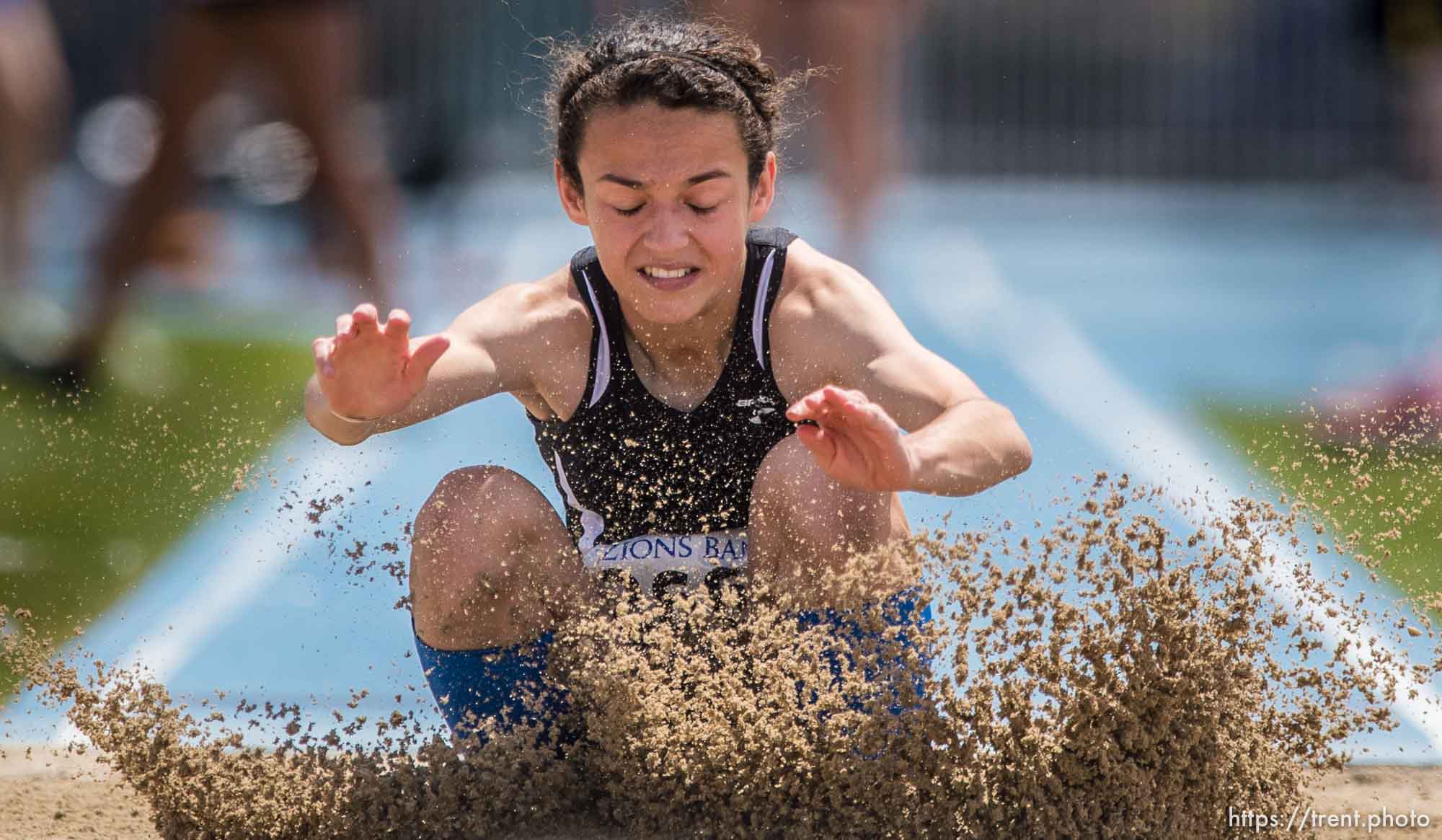 Trent Nelson  |  The Salt Lake Tribune
Jossie Ball of Box Elder High School competes in the long jump at the BYU Invitational high school track & field meet in Provo Saturday May 3, 2014. Ball took third place in 3A-5A.