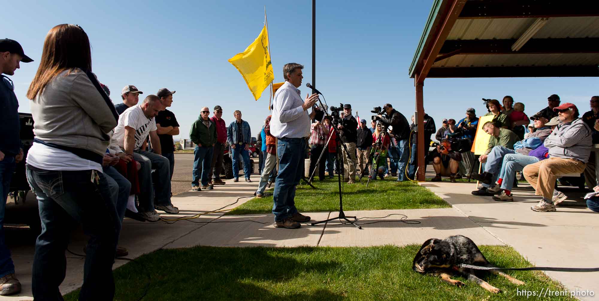 Trent Nelson  |  The Salt Lake Tribune
A group of people listened to San Juan County Commissioner Phil Lyman in Blanding's Centennial Park Saturday May 10, 2014, prior to an ATV ride into Recapture Canyon, closed to motorized use since 2007 to protect the seven-mile long canyon's archeological sites.