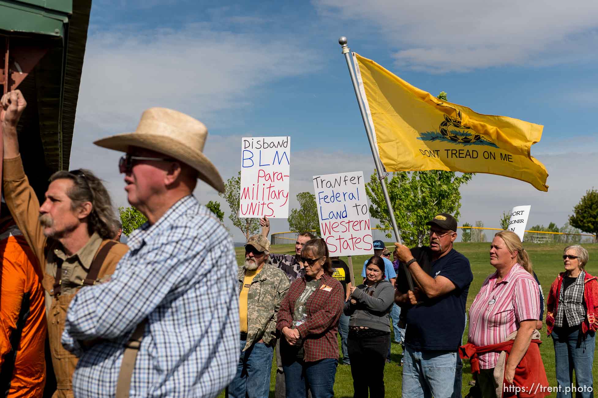 Trent Nelson  |  The Salt Lake Tribune
A group of people listened to San Juan County Commissioner Phil Lyman in Blanding's Centennial Park Saturday May 10, 2014, prior to an ATV ride into Recapture Canyon, closed to motorized use since 2007 to protect the seven-mile long canyon's archeological sites.