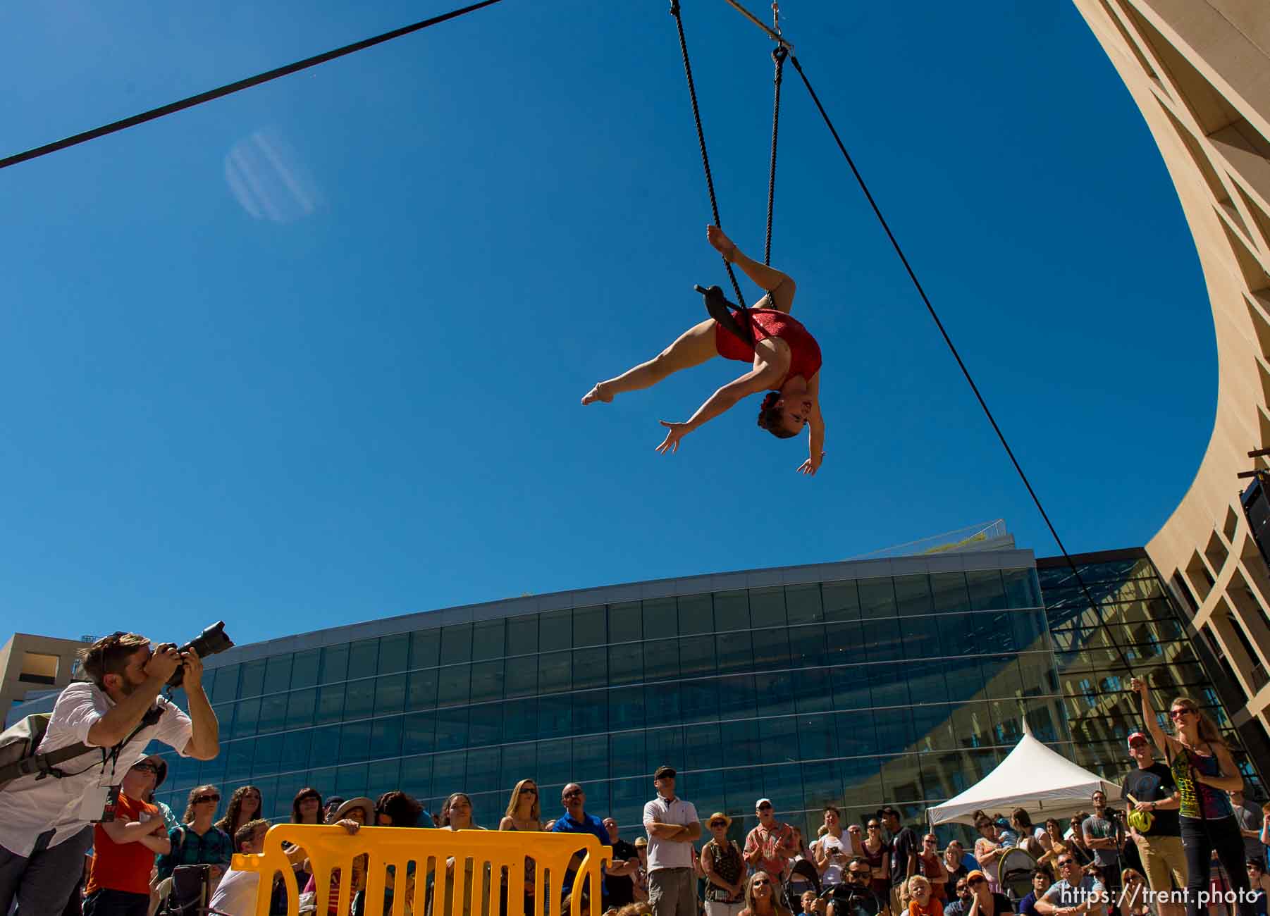 Trent Nelson  |  The Salt Lake Tribune
Piper Mathews of Aerial Arts of Utah performs a routine at the 2014 Utah Arts Festival in Salt Lake City, Saturday June 28, 2014. If you haven't made it down there yet and plan to, Sunday's your last chance. Admission is $12 at the gate, free for children 12 and under. Austen Diamond