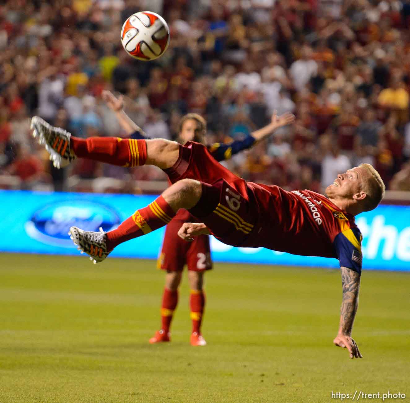 Trent Nelson  |  The Salt Lake Tribune
Real Salt Lake's Luke Mulholland (19) takes a bicycle kick, narrowly missing the score, as Real Salt Lake hosts Vancouver Whitecaps FC at Rio Tinto Stadium in Sandy, Saturday July 19, 2014.