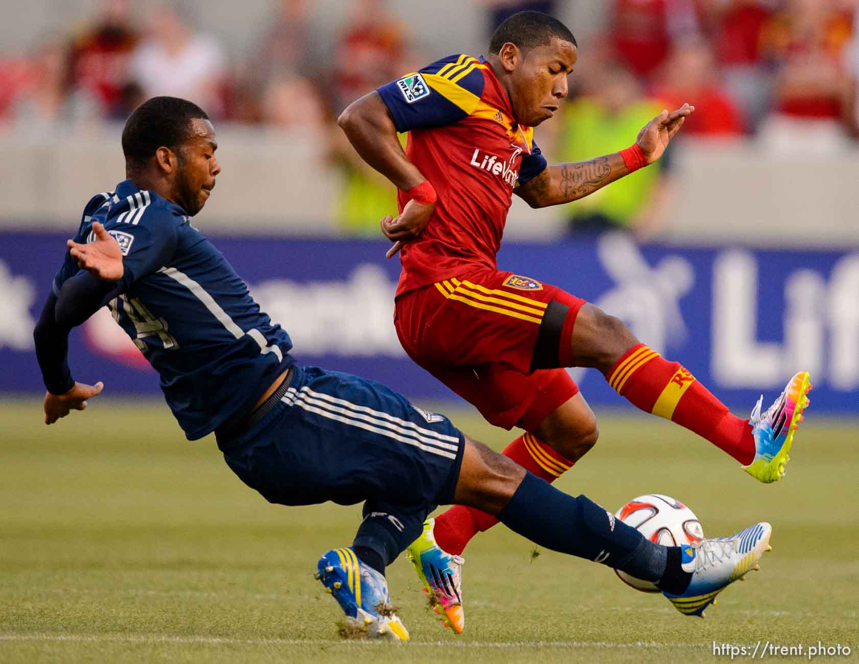 Trent Nelson  |  The Salt Lake Tribune
Real Salt Lake's Joao Plata (8) and Vancouver's Carlyle Mitchell (24) race for the ball as Real Salt Lake hosts Vancouver Whitecaps FC at Rio Tinto Stadium in Sandy, Saturday July 19, 2014.