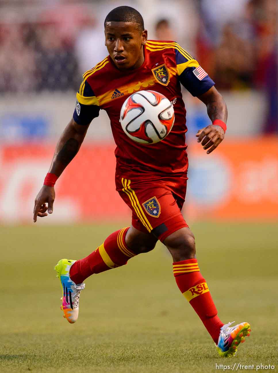 Trent Nelson  |  The Salt Lake TribuneReal Salt Lake's Joao Plata (8) with the ball as Real Salt Lake hosts Vancouver Whitecaps FC at Rio Tinto Stadium in Sandy, Saturday July 19, 2014.