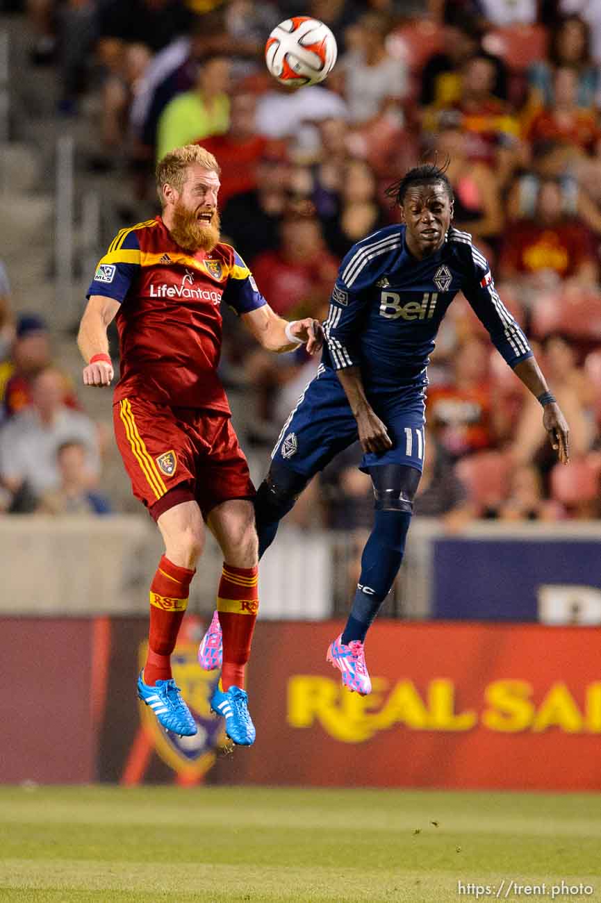 Trent Nelson  |  The Salt Lake Tribune
Real Salt Lake's Nat Borchers (6) heads the ball, Vancouver's Darren Mattocks (11), as Real Salt Lake hosts Vancouver Whitecaps FC at Rio Tinto Stadium in Sandy, Saturday July 19, 2014.