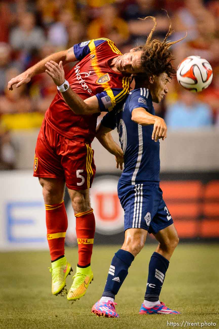 Trent Nelson  |  The Salt Lake Tribune
Real Salt Lake's Kyle Beckerman (5) stretches for the ball, going around Vancouver's Nicolás Mezquida (29), as Real Salt Lake hosts Vancouver Whitecaps FC at Rio Tinto Stadium in Sandy, Saturday July 19, 2014.