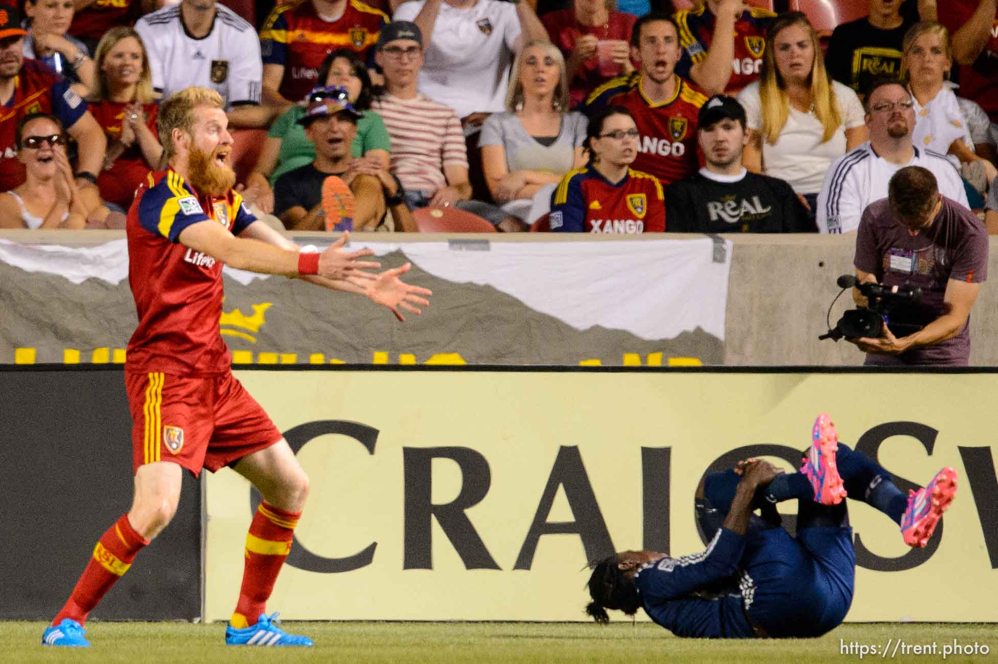 Trent Nelson  |  The Salt Lake Tribune
Real Salt Lake's Nat Borchers (6) protests a penalty in the box, on Vancouver's Darren Mattocks (11), as Real Salt Lake hosts Vancouver Whitecaps FC at Rio Tinto Stadium in Sandy, Saturday July 19, 2014.