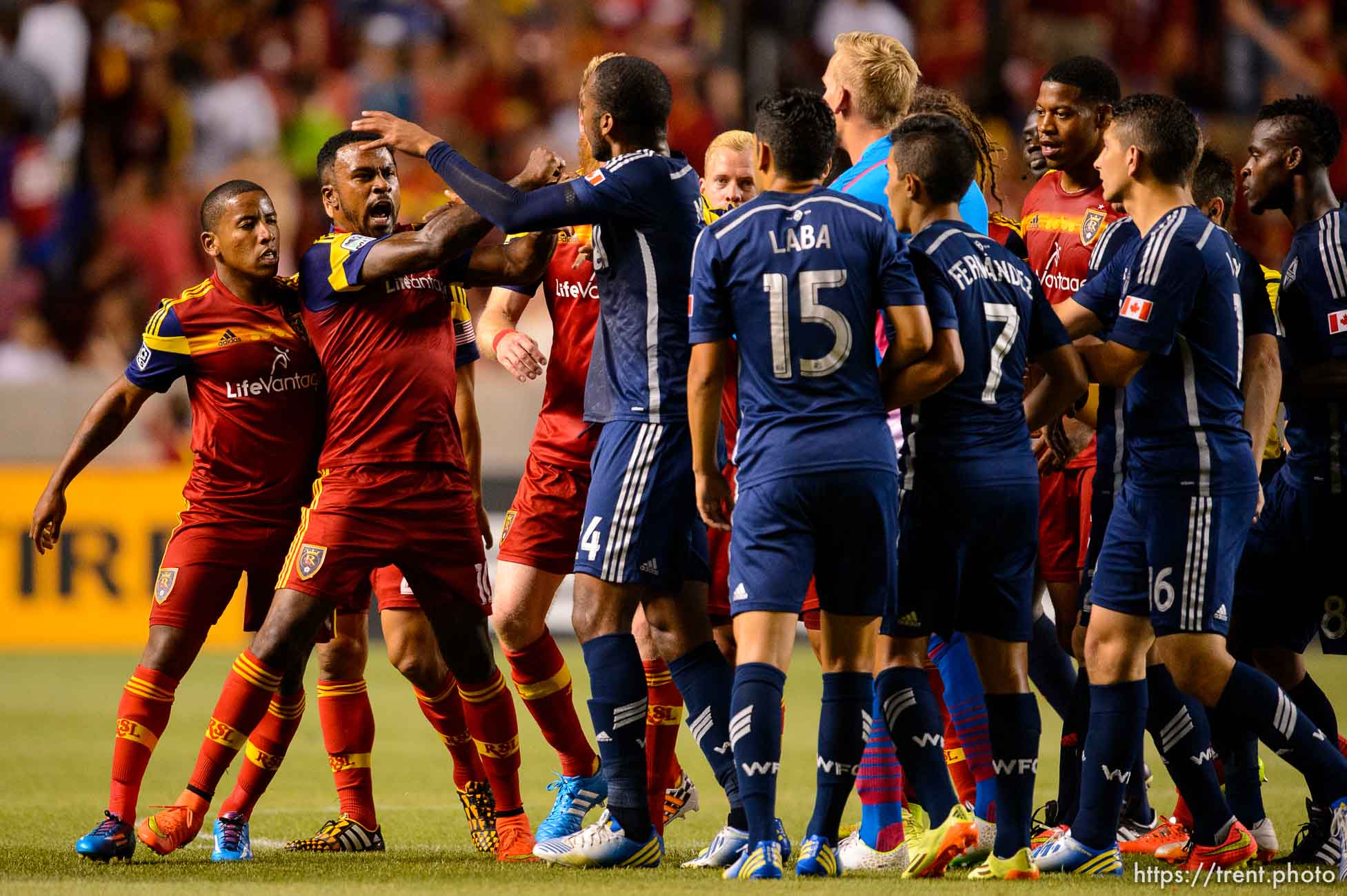 Trent Nelson  |  The Salt Lake Tribune
Real Salt Lake and Vancouver Whitecaps players trade shoves at Rio Tinto Stadium in Sandy, Saturday July 19, 2014.