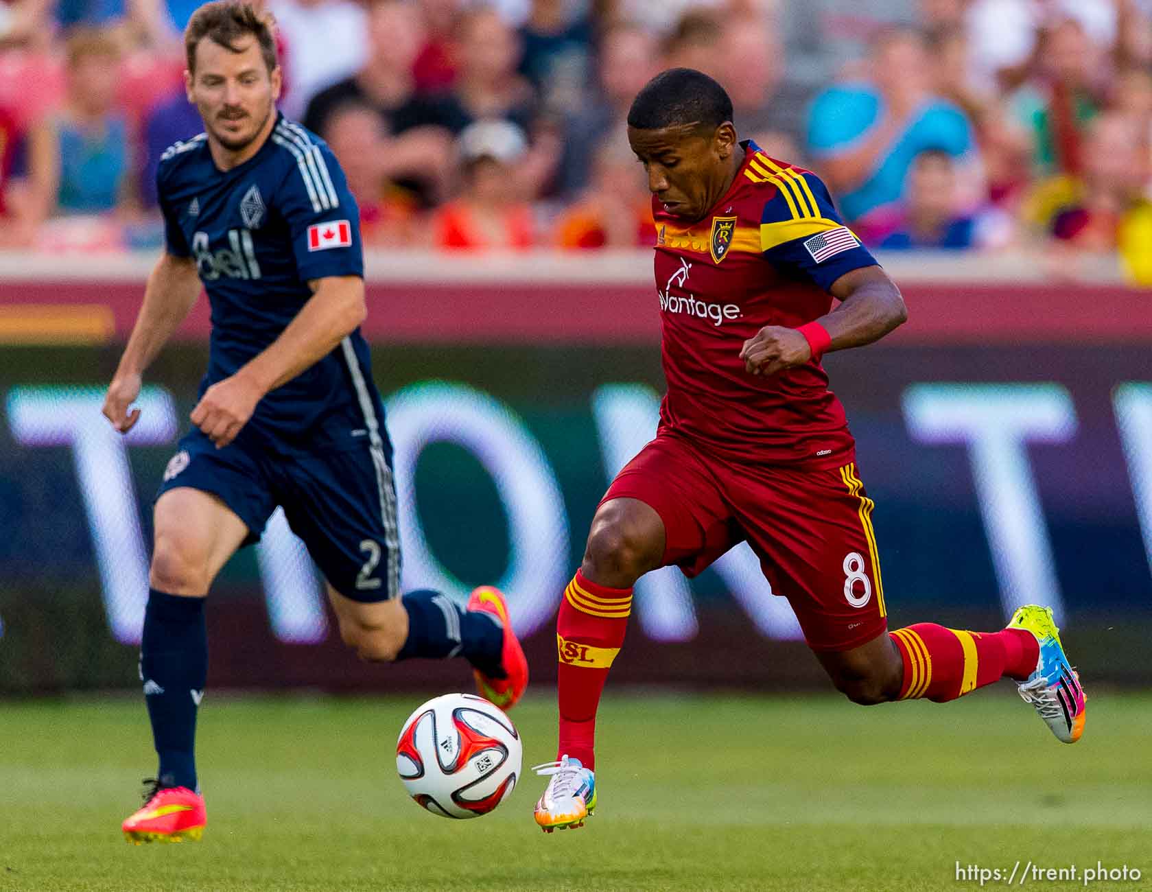 Trent Nelson  |  The Salt Lake Tribune
Real Salt Lake's Joao Plata (8) with the ball, Vancouver's Jordan Harvey (2) defending, as Real Salt Lake hosts Vancouver Whitecaps FC at Rio Tinto Stadium in Sandy, Saturday July 19, 2014.