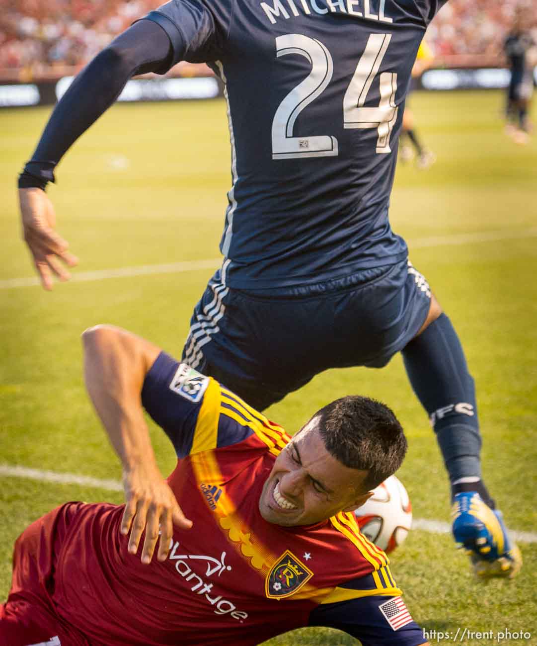 Trent Nelson  |  The Salt Lake Tribune
Vancouver's Carlyle Mitchell (24) falls onto Real Salt Lake's Javier Morales (11) as Real Salt Lake hosts Vancouver Whitecaps FC at Rio Tinto Stadium in Sandy, Saturday July 19, 2014.