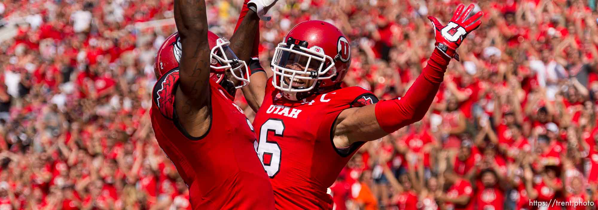 Trent Nelson  |  The Salt Lake Tribune
Utah Utes wide receiver Dres Anderson (6) celebrates a touchdown with teammate Kenneth Scott, left, as Utah hosts Fresno State, college football at Rice-Eccles Stadium Saturday September 6, 2014.