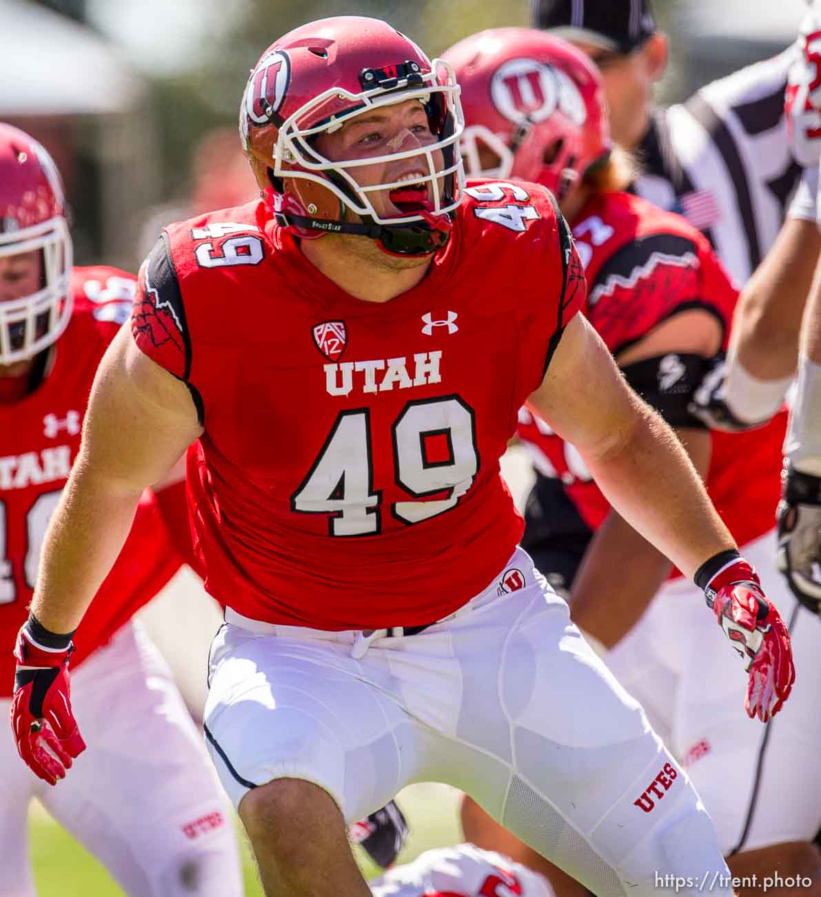 Trent Nelson  |  The Salt Lake Tribune
Utah Utes defensive end Hunter Dimick (49) celebrates his second sack of Fresno State Bulldogs quarterback Brian Burrell (2) as Utah hosts Fresno State, college football at Rice-Eccles Stadium Saturday September 6, 2014.