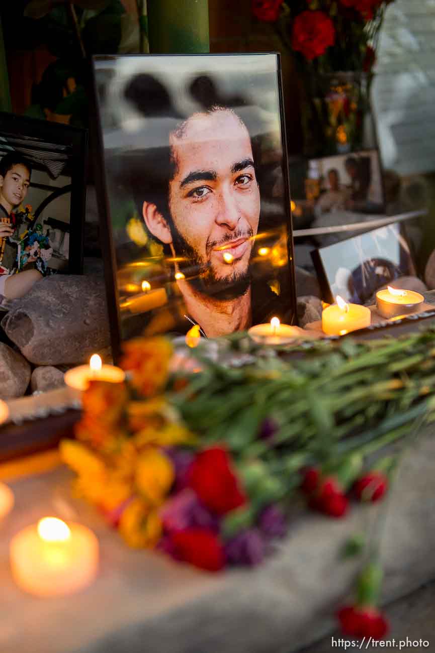 Trent Nelson  |  The Salt Lake Tribune
Photos, notes, flowers and a wooden sword at a memorial to Darrien Hunt Sunday September 14, 2014 at the Saratoga Springs Panda Express, where Hunt was shot and killed by police.