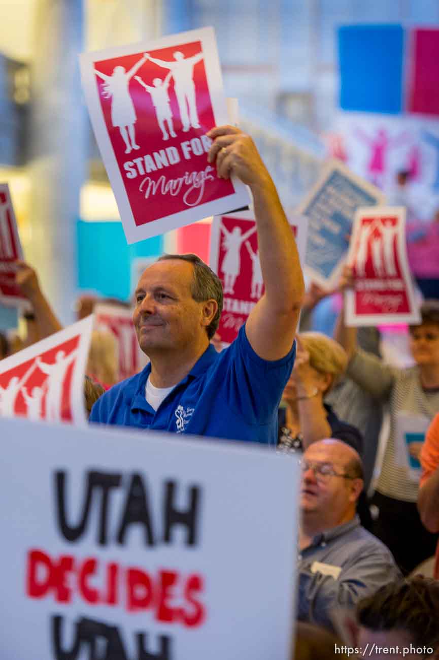 Trent Nelson  |  The Salt Lake Tribune
Chuck Chamberlain and other traditional marriage supporters who filled the Capitol Rotunda during a rally in Salt Lake City, Thursday September 18, 2014.