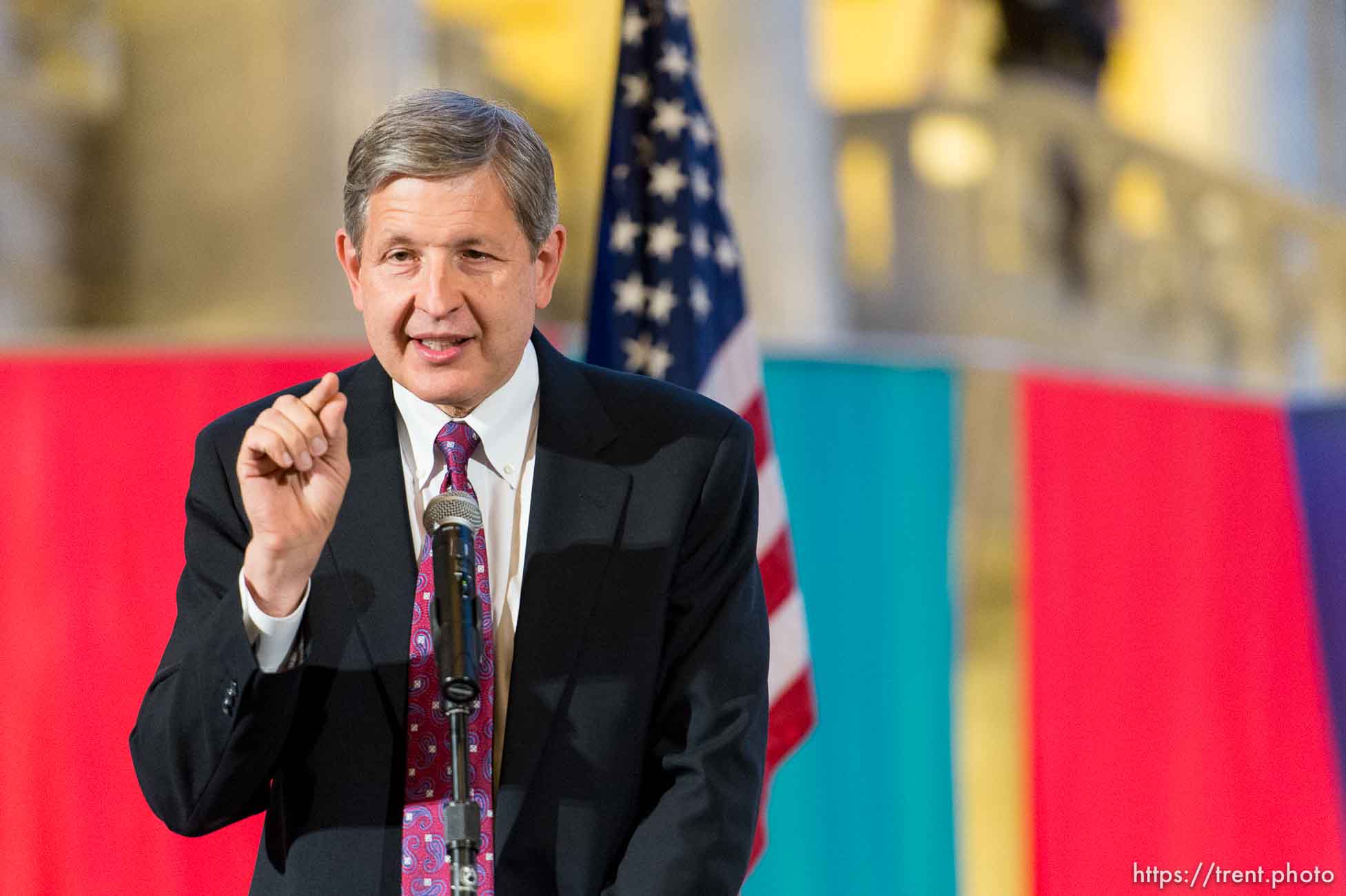 Trent Nelson  |  The Salt Lake Tribune
Special Assistant Attorney General Gene Schaer  speaks to traditional marriage supporters who filled the Capitol Rotunda during a rally in Salt Lake City, Thursday September 18, 2014.