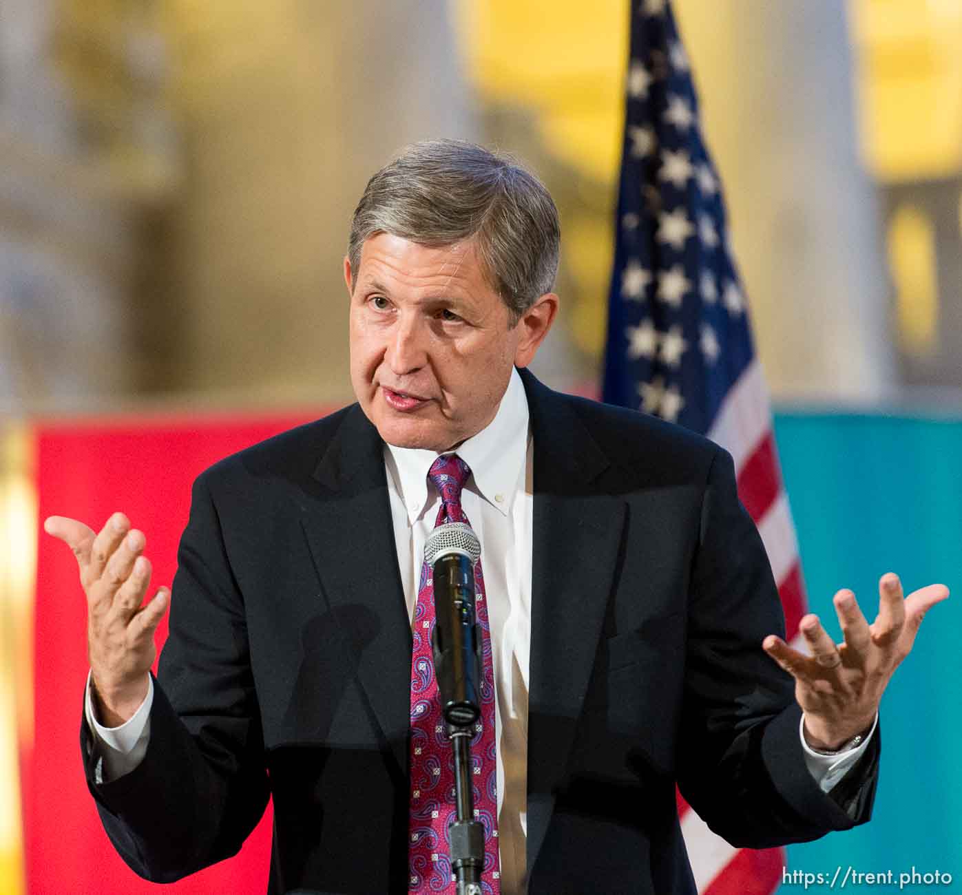 Trent Nelson  |  The Salt Lake Tribune
Special Assistant Attorney General Gene Schaer  speaks to traditional marriage supporters who filled the Capitol Rotunda during a rally in Salt Lake City, Thursday September 18, 2014.