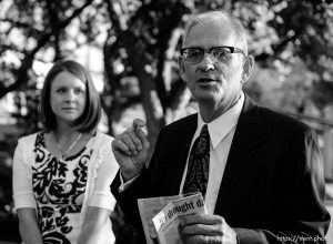 Trent Nelson  |  The Salt Lake Tribune
Jim Kelly, father of Ordain Women leader Kate Kelly, speaks to a group of women before they entered a broadcast of the LDS General Priesthood Session at BYU's Marriott Center in Provo Saturday October 4, 2014. The event was one of several planned by Ordain Women.