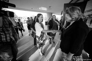 Trent Nelson  |  The Salt Lake Tribune
Abby Hansen, left, leads a group of women to the door of BYU's Marriott Center, where they are briefly stopped by volunteer Karen Roberts before being let in to watch a broadcast of the LDS General Priesthood Session, in Provo Saturday October 4, 2014.