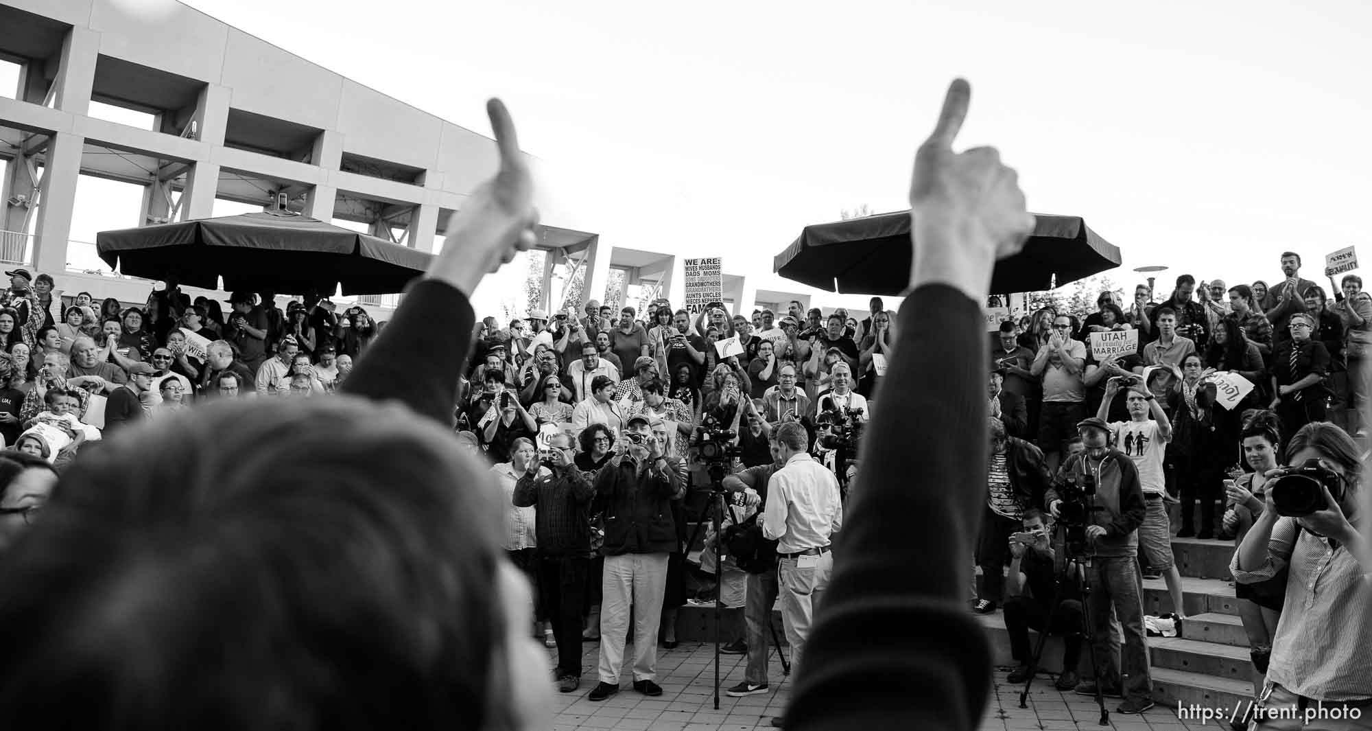 Trent Nelson  |  The Salt Lake Tribune
Kitchen v. Herbert plaintiff Kody Partridge gives two thumbs up during a rally to celebrate today's legalization of same-sex marriage, Monday October 6, 2014 in Salt Lake City.