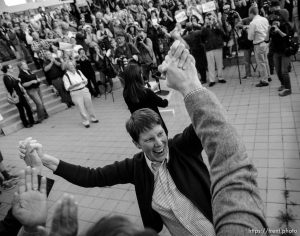 Trent Nelson  |  The Salt Lake Tribune
Kitchen v. Herbert plaintiff Kody Partridge celebrates during a rally to celebrate today's legalization of same-sex marriage, Monday October 6, 2014 in Salt Lake City.