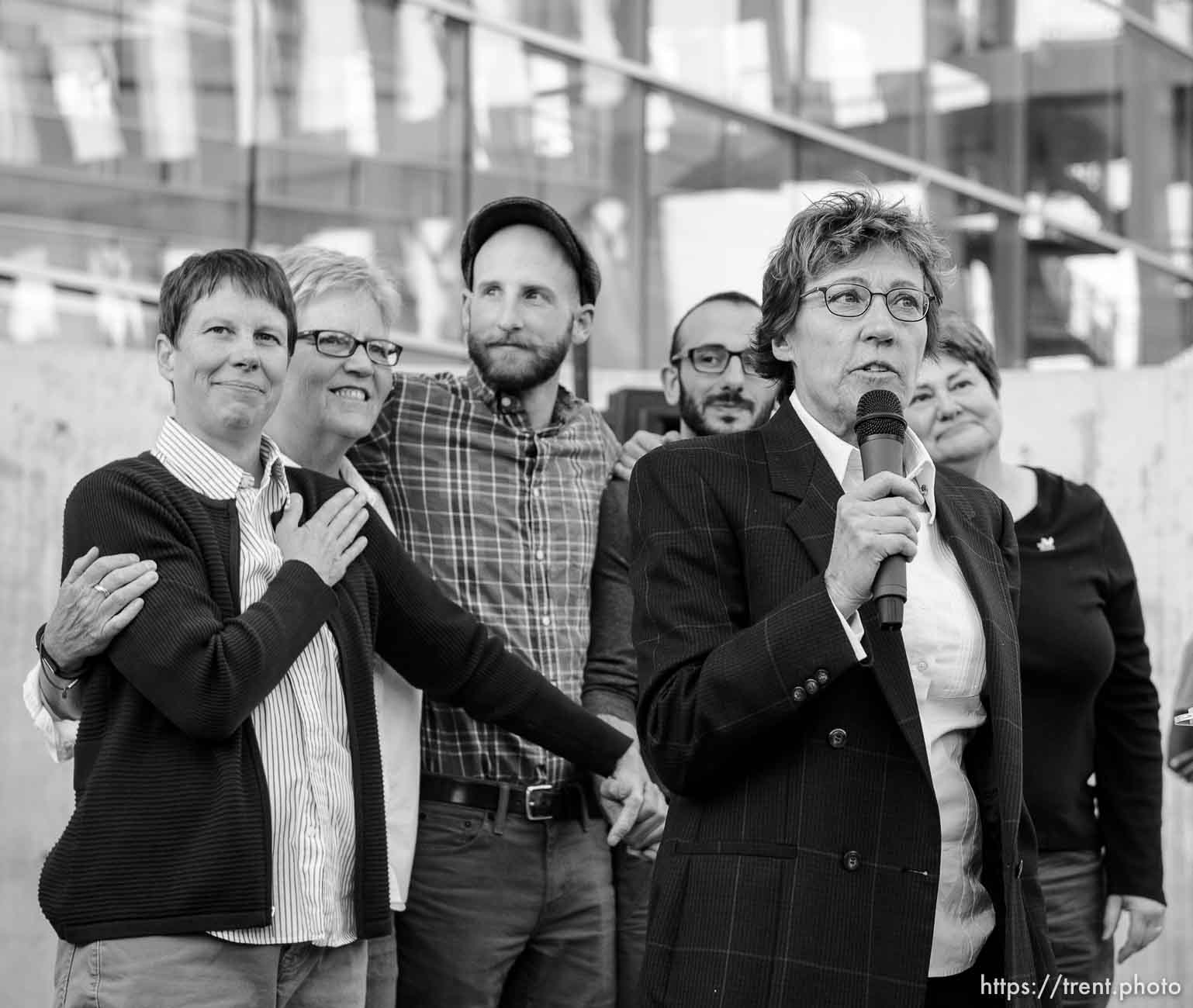 Trent Nelson  |  The Salt Lake Tribune
Attorney Peggy Tomsic speaks in front of plaintiffs Kody Partridge, Laurie Wood, Derek Kitchen, Moudi Sbeity and Kate Call at a rally to celebrate today's legalization of same-sex marriage, Monday October 6, 2014 in Salt Lake City.