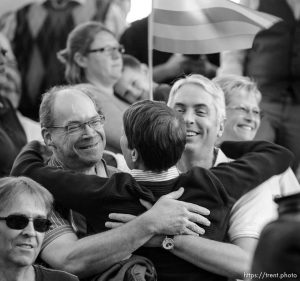 Trent Nelson  |  The Salt Lake Tribune
Kitchen v. Herbert plaintiff Kody Partridge, center, embraces Dennis Owens and Philip Jeffs during a rally to celebrate today's legalization of same-sex marriage, Monday October 6, 2014 in Salt Lake City.