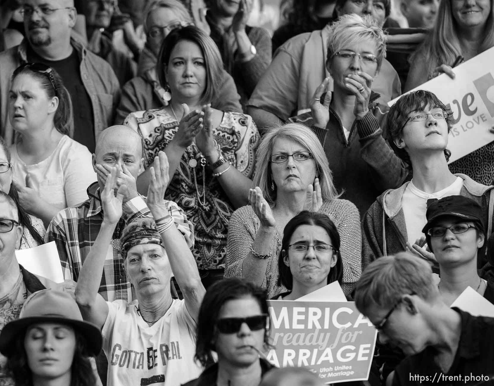 Trent Nelson  |  The Salt Lake Tribune
Emotions of all sorts are visible in the crowd at a rally to celebrate today's legalization of same-sex marriage, Monday October 6, 2014 in Salt Lake City.