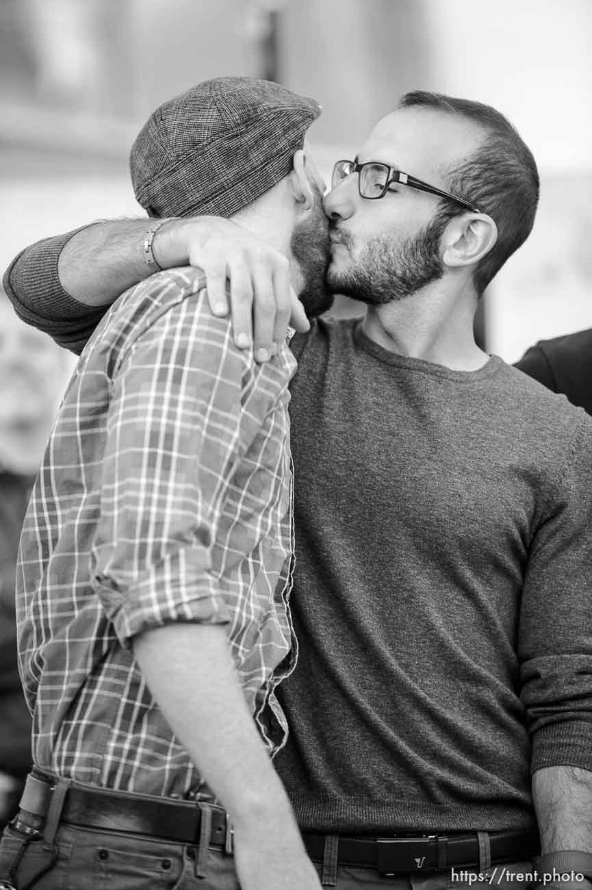 Trent Nelson  |  The Salt Lake Tribune
Kitchen v. Herbert plaintiffs Derek Kitchen and Moudi Sbeity celebrate at a rally to celebrate today's legalization of same-sex marriage, Monday October 6, 2014 in Salt Lake City.