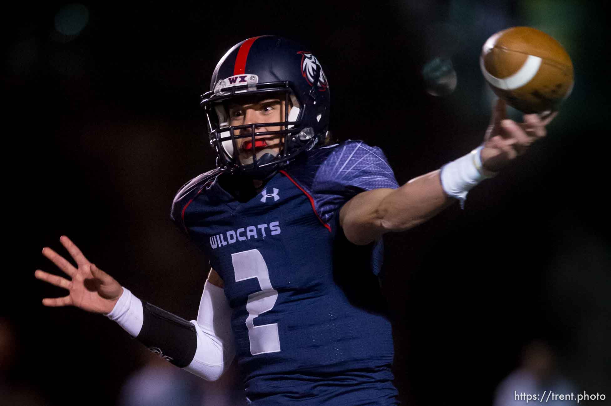 Trent Nelson  |  The Salt Lake Tribune
Woods Cross quarterback Tanner Hammond throws the ball as Woods Cross hosts Corner Canyon High School football, in Woods Cross, Wednesday October 15, 2014.