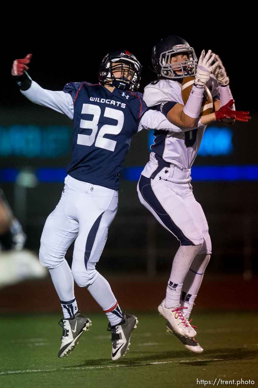 Trent Nelson  |  The Salt Lake Tribune
Corner Canyon's Jake Cahoon makes a pick ahead of Woods Cross's James Gilbert as Woods Cross hosts Corner Canyon High School football, in Woods Cross, Wednesday October 15, 2014.