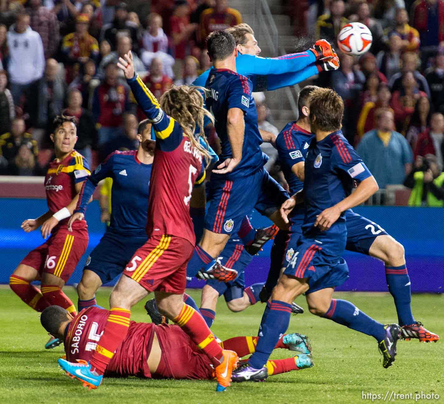 Trent Nelson  |  The Salt Lake Tribune
Chivas USA's Dan Kennedy (1) knocks the ball away from the goal as Real Salt Lake faces Chivas USA at Rio Tinto Stadium in Sandy, Wednesday October 22, 2014.