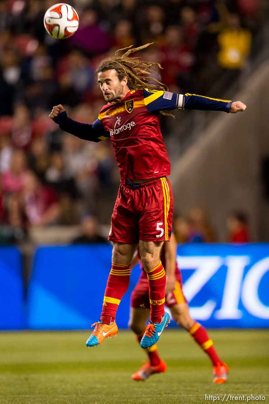 Trent Nelson  |  The Salt Lake Tribune
Real Salt Lake's Kyle Beckerman (5) heads the ball as Real Salt Lake faces Chivas USA at Rio Tinto Stadium in Sandy, Wednesday October 22, 2014.