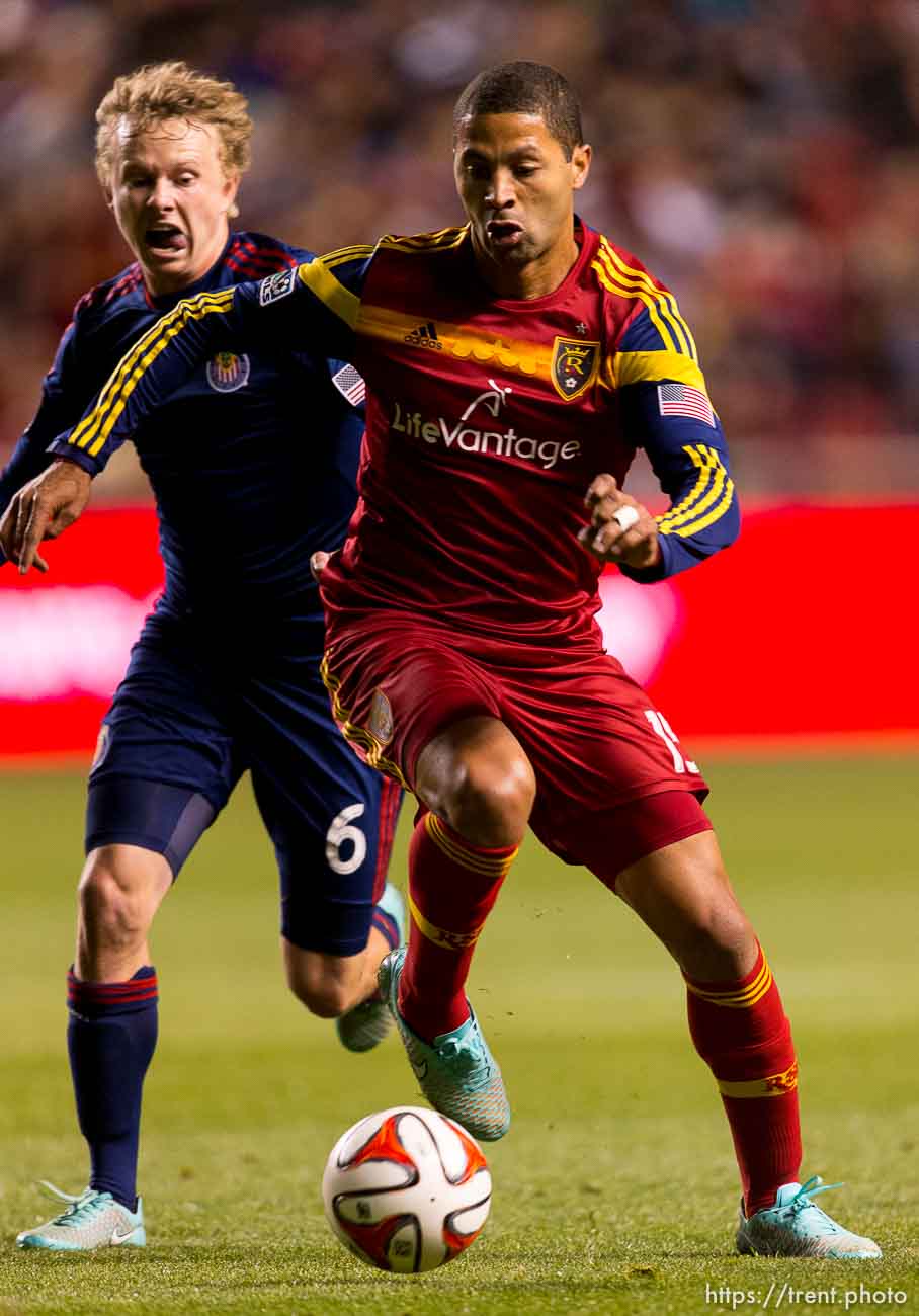 Trent Nelson  |  The Salt Lake Tribune
Chivas USA's Matthew Dunn (6) defending Real Salt Lake's Álvaro Saborío (15) as Real Salt Lake faces Chivas USA at Rio Tinto Stadium in Sandy, Wednesday October 22, 2014.