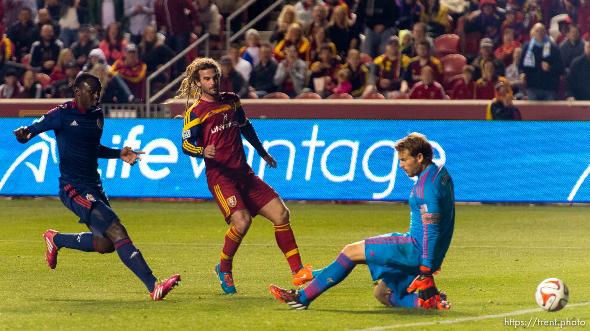 Trent Nelson  |  The Salt Lake Tribune
Real Salt Lake's Kyle Beckerman (5) watches his goal go past Chivas USA goalkeeper Dan Kennedy (1), as Real Salt Lake faces Chivas USA at Rio Tinto Stadium in Sandy, Wednesday October 22, 2014.