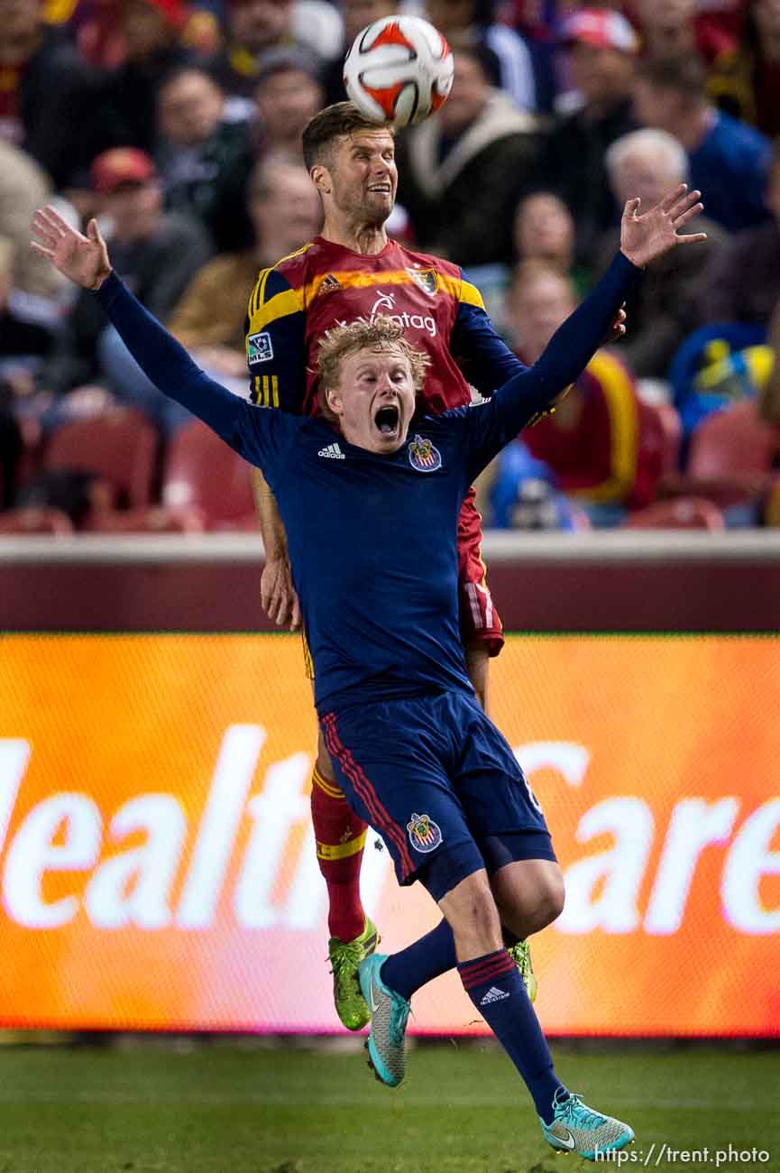 Trent Nelson  |  The Salt Lake Tribune
Real Salt Lake's Chris Wingert (17) heads the ball over Chivas USA's Matthew Dunn (6), as Real Salt Lake faces Chivas USA at Rio Tinto Stadium in Sandy, Wednesday October 22, 2014.