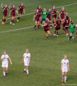 Trent Nelson  |  The Salt Lake Tribune
Cedar City players, top, celebrate after beating Desert Hills in the 3A girls' high school soccer state championship game at Rio Tinto Stadium in Sandy, Saturday October 25, 2014.