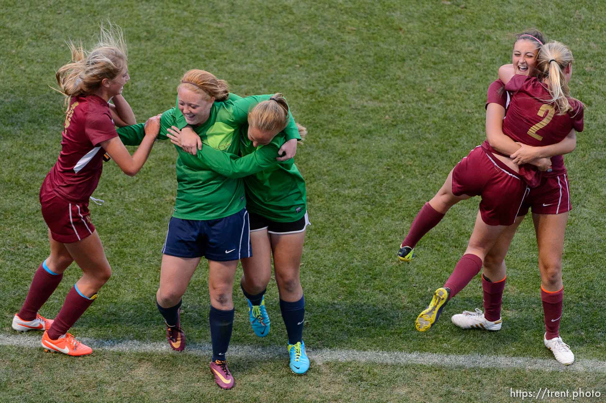 Trent Nelson  |  The Salt Lake Tribune
Cedar City players celebrate after beating Desert Hills in the 3A girls' high school soccer state championship game at Rio Tinto Stadium in Sandy, Saturday October 25, 2014.