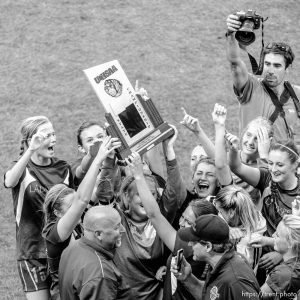 Trent Nelson  |  The Salt Lake Tribune
Cedar City celebrates beating Desert Hills in the 3A girls' high school soccer state championship game at Rio Tinto Stadium in Sandy, Saturday October 25, 2014. Hugh Carey photographing