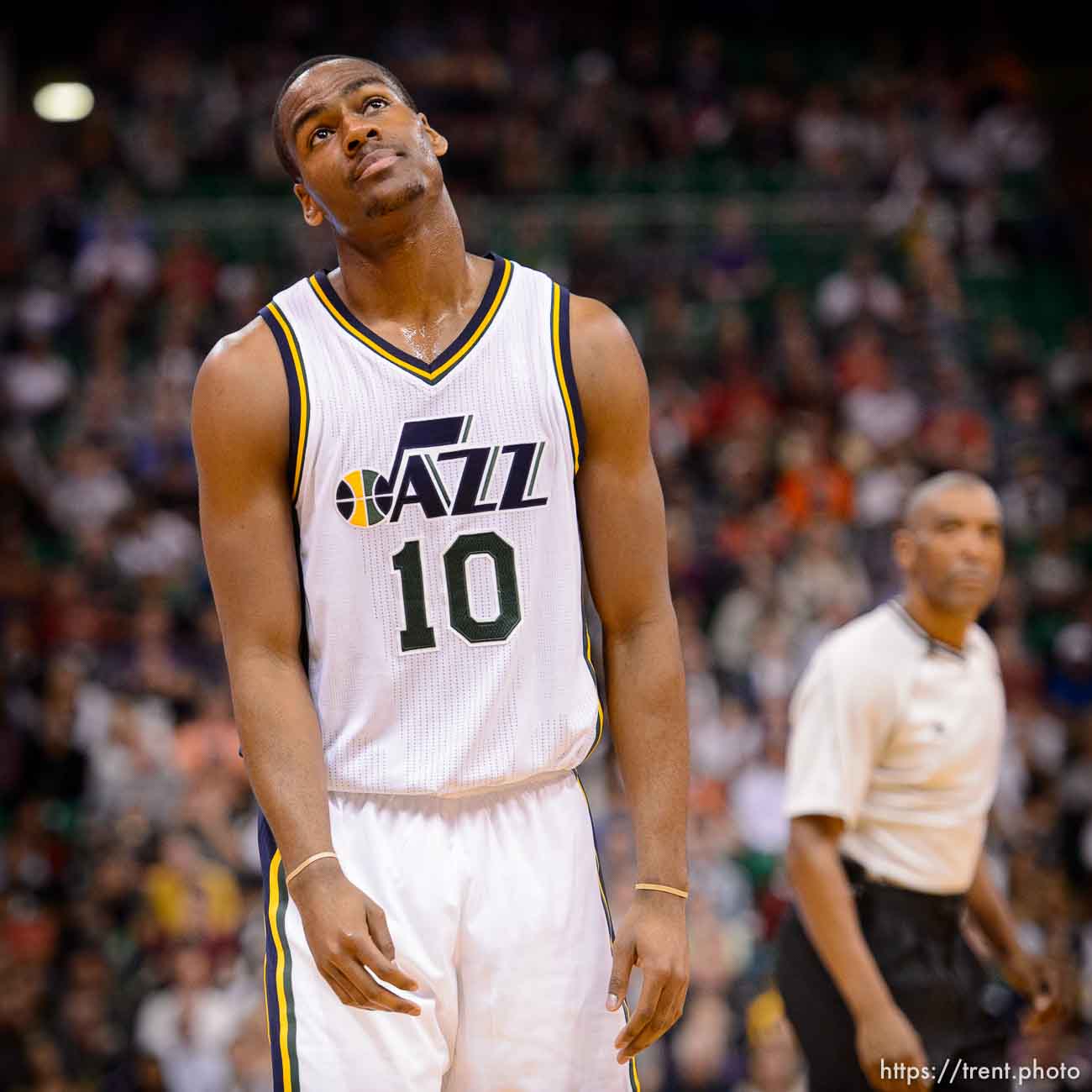 Trent Nelson  |  The Salt Lake Tribune
Utah Jazz guard Alec Burks (10) reacts after fouling Houston Rockets guard James Harden (13), as the Utah Jazz host the Houston Rockets, NBA basketball at EnergySolutions Arena in Salt Lake City, Wednesday October 29, 2014.