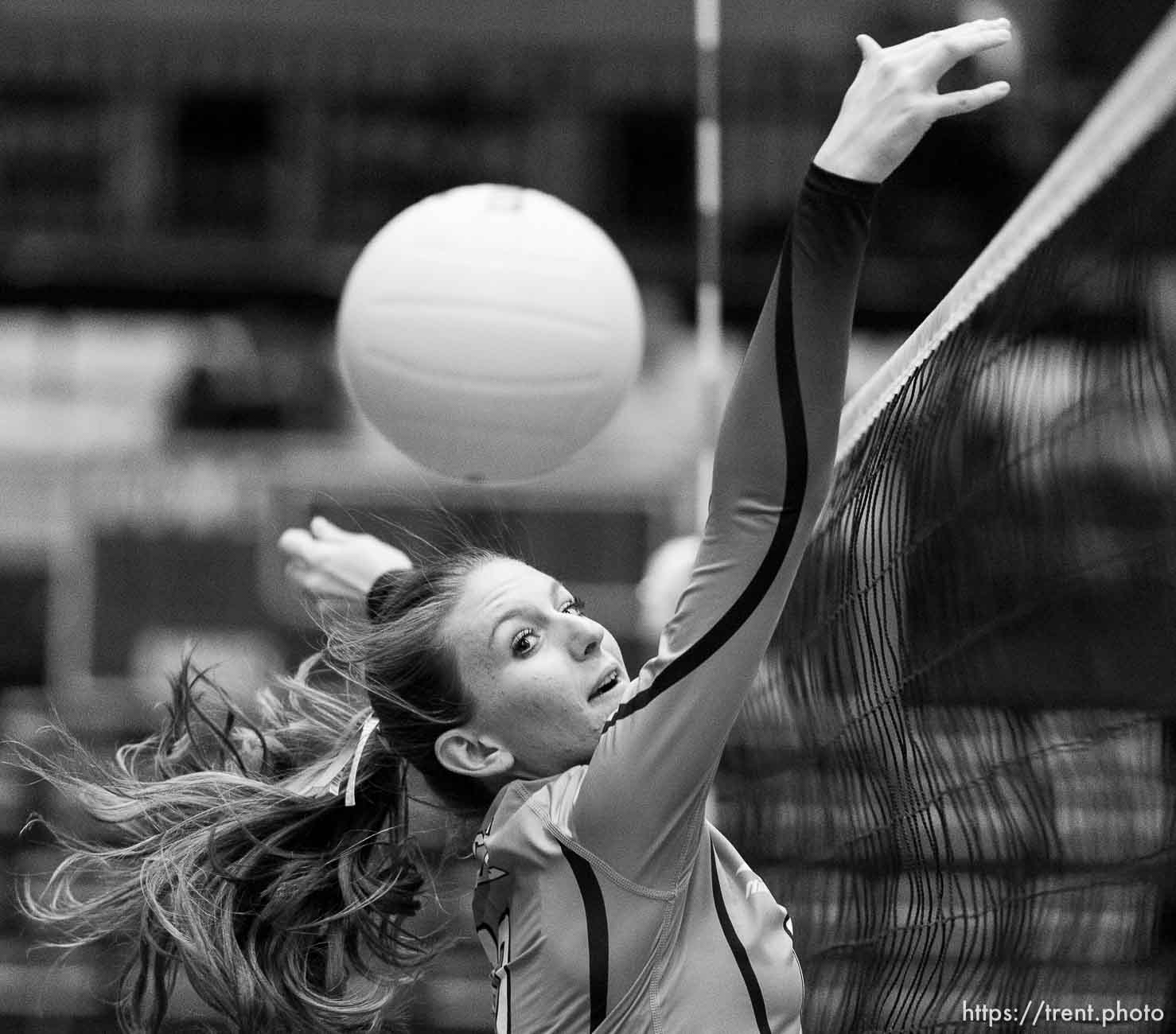 Trent Nelson  |  The Salt Lake Tribune
Piute's Paige Jessen (10) looks to the ball as Panguitch defeats Piute High School in the championship match of the State 1A Volleyball Tournament at Utah Valley University in Provo, Saturday November 1, 2014.