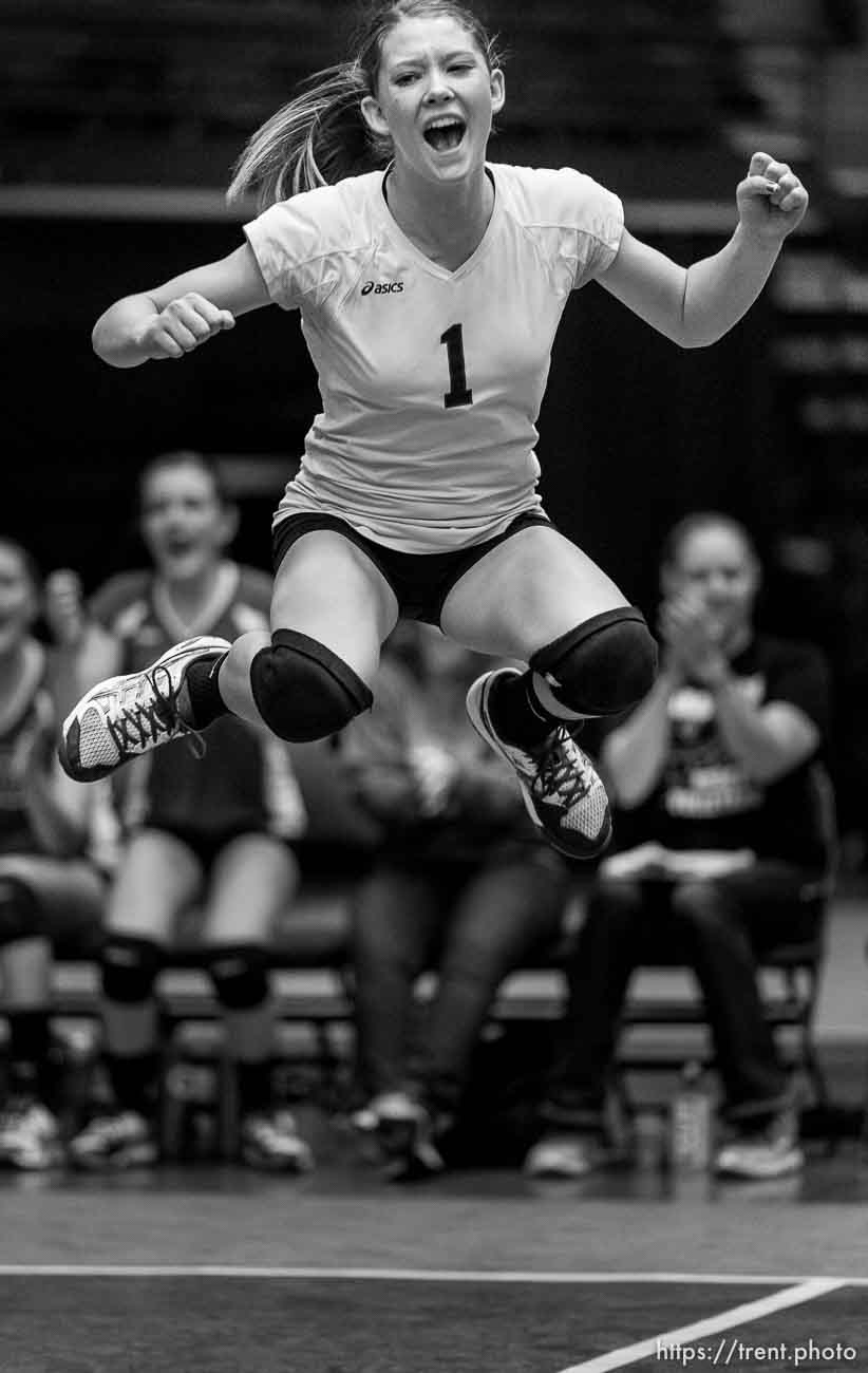 Trent Nelson  |  The Salt Lake Tribune
Panguitch's Catania Holman (1) celebrates a point as Panguitch defeats Piute High School in the championship match of the State 1A Volleyball Tournament at Utah Valley University in Provo, Saturday November 1, 2014.