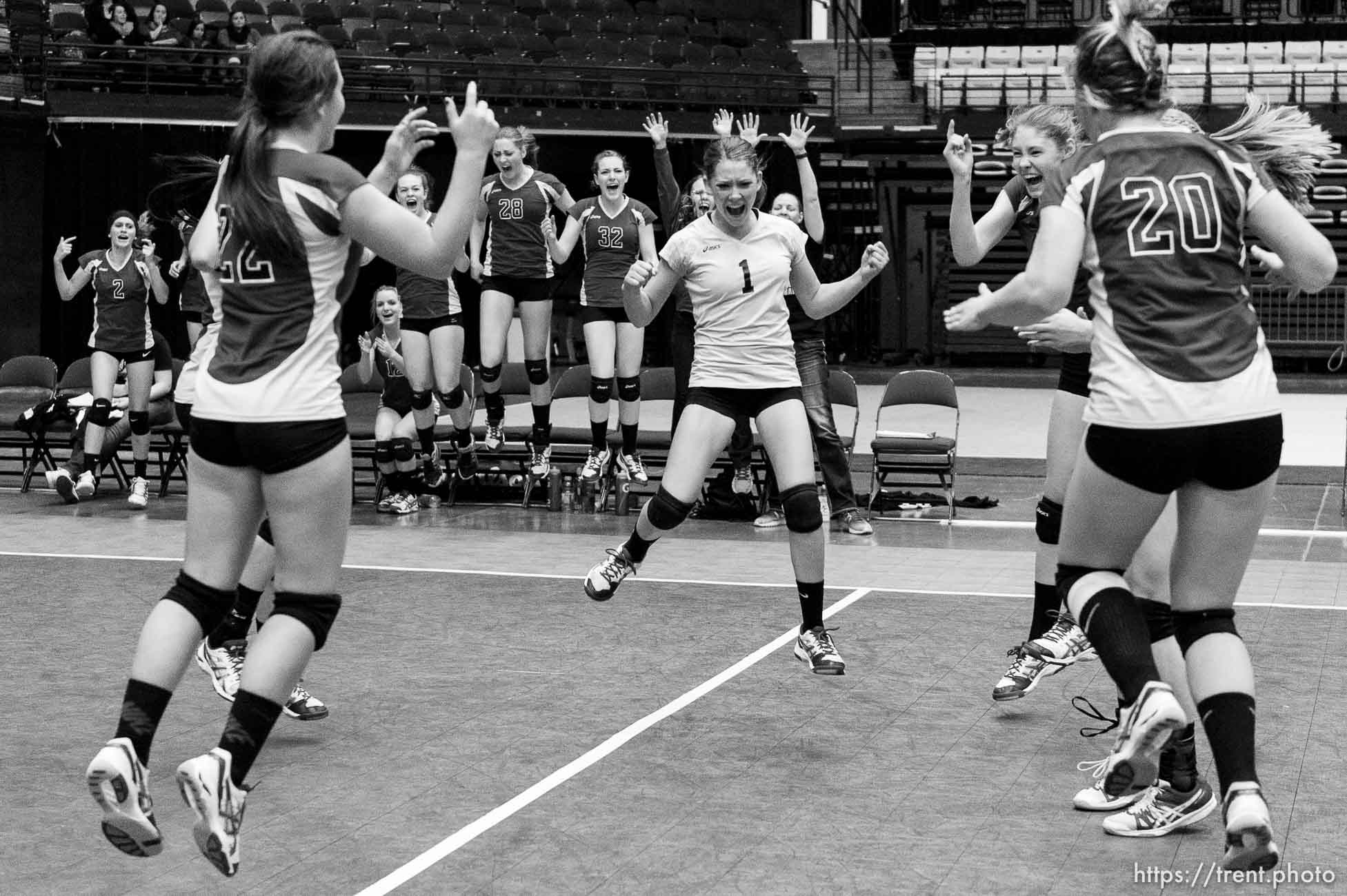 Trent Nelson  |  The Salt Lake Tribune
Panguitch players celebrate their win over Piute High School in the championship match of the State 1A Volleyball Tournament at Utah Valley University in Provo, Saturday November 1, 2014.