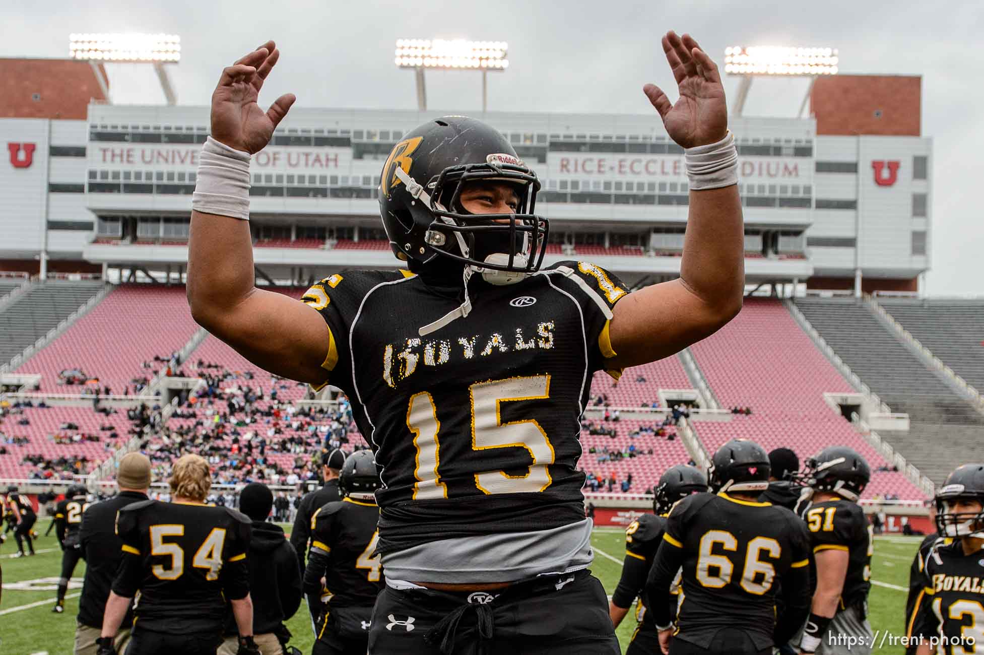 Trent Nelson  |  The Salt Lake Tribune
Roy's Baby Eteuati celebrates as Roy defeats Corner Canyon High School in a 4A state football semifinal game at Rice-Eccles Stadium in Salt Lake City, Friday November 14, 2014.