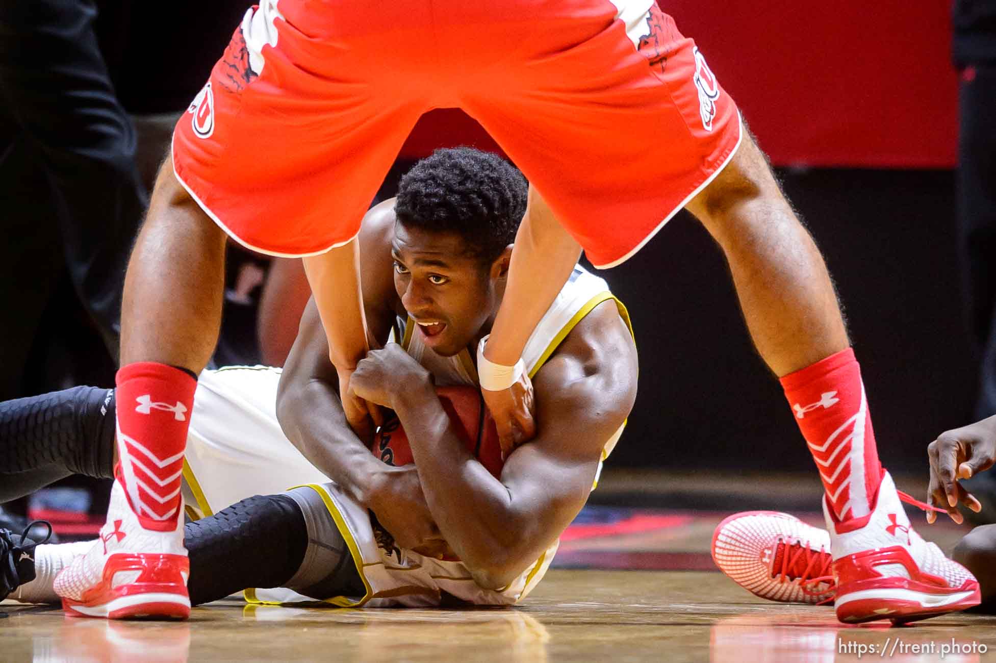 Trent Nelson  |  The Salt Lake Tribune
Alabama State Hornets guard Jamel Waters (12) holds onto the ball while Utah Utes forward Chris Reyes (20) reaches in, as the University of Utah Utes host the Alabama State Hornets, college basketball at the Huntsman Center in Salt Lake City, Saturday November 29, 2014.