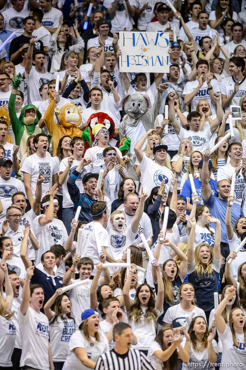 Trent Nelson  |  The Salt Lake Tribune
BYU fans cheer on their team as BYU hosts Utah, college basketball at the Marriott Center in Provo, Wednesday December 10, 2014.