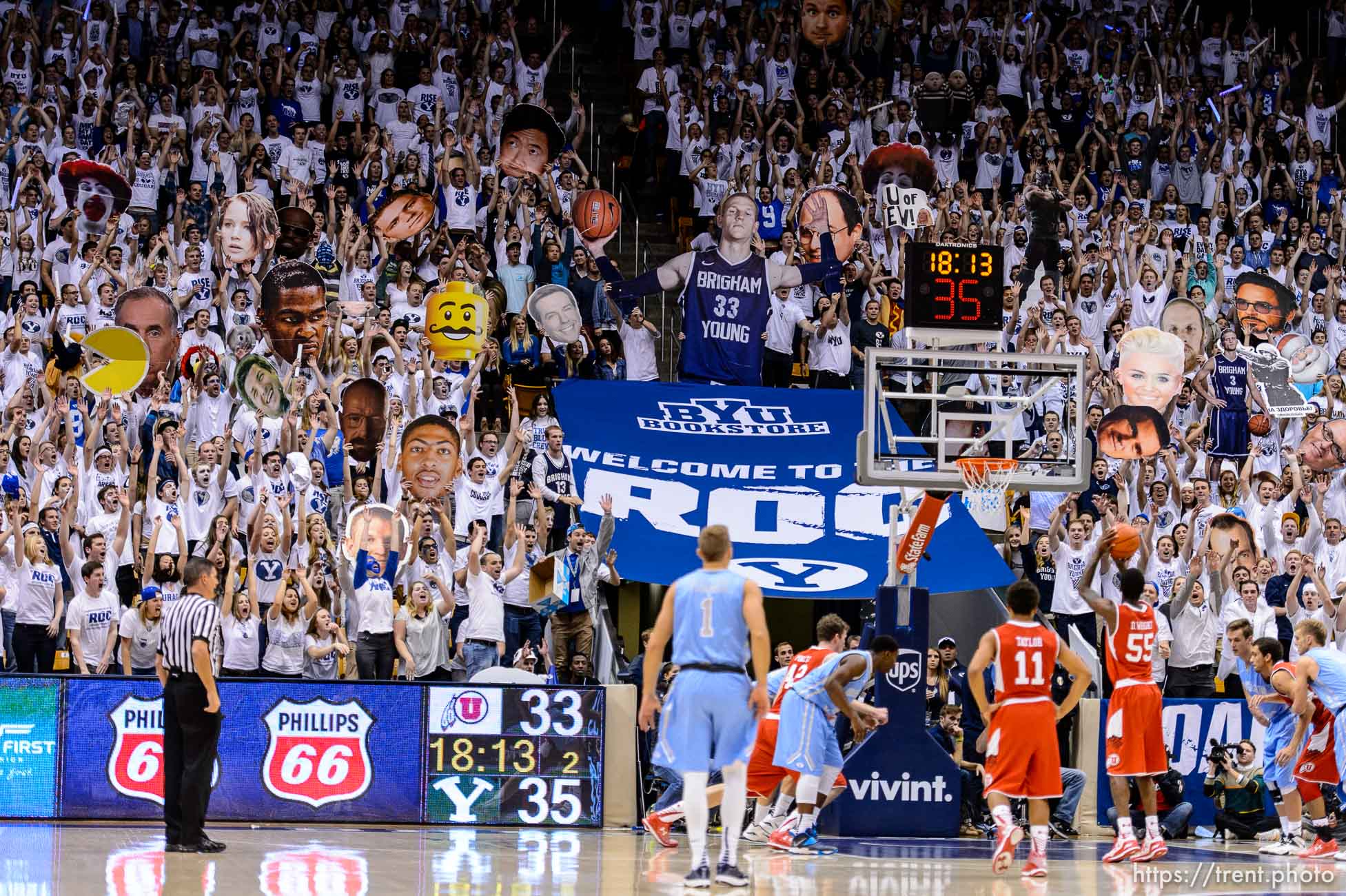 Trent Nelson  |  The Salt Lake Tribune
BYU fans try to distract Utah Utes guard Delon Wright (55) on the free throw line, as BYU hosts Utah, college basketball at the Marriott Center in Provo, Wednesday December 10, 2014.