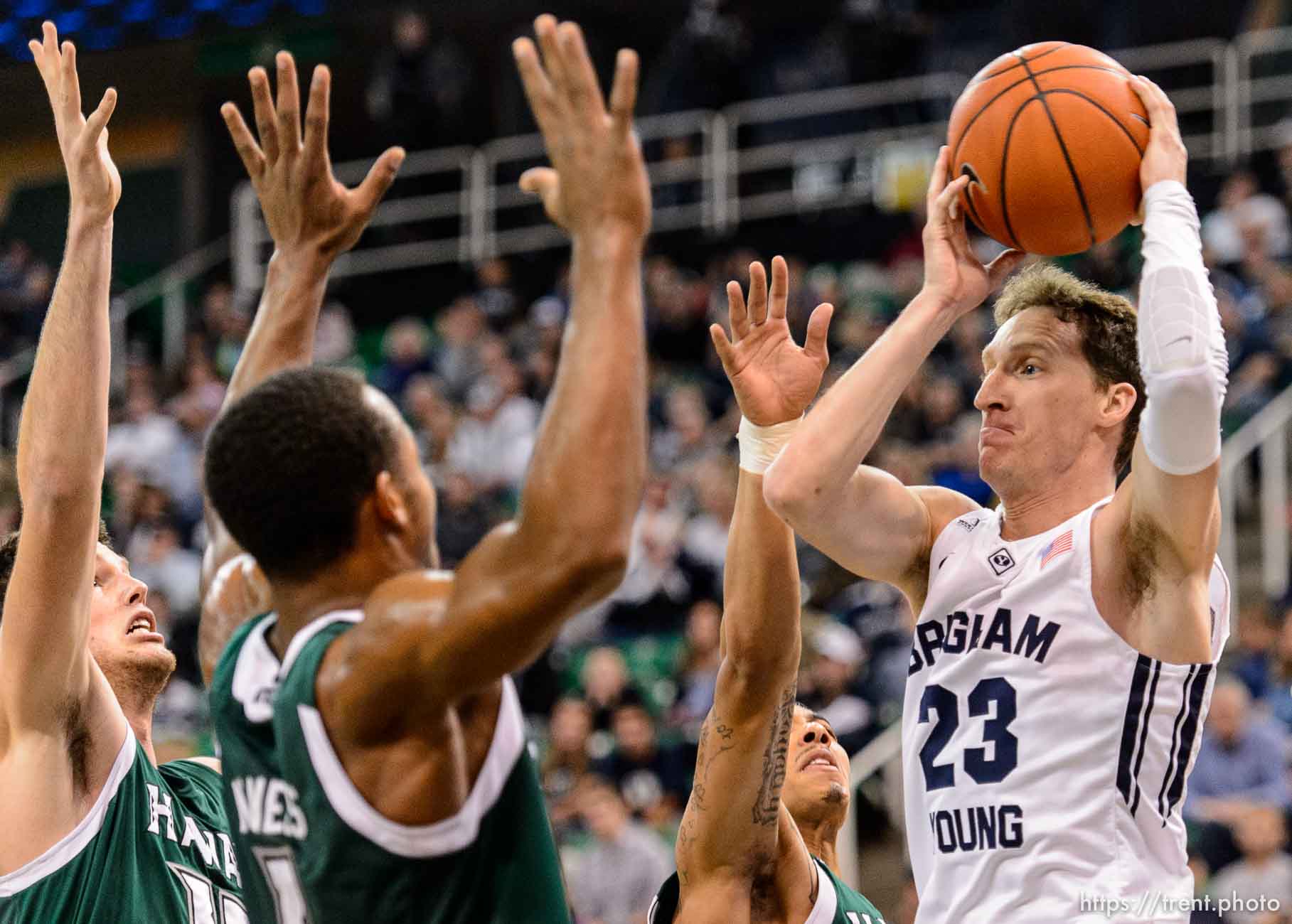 Trent Nelson  |  The Salt Lake Tribune
Brigham Young Cougars guard Skyler Halford (23) faces a row of Hawaii defenders as BYU faces Hawaii, college basketball at EnergySolutions Arena in Salt Lake City, Saturday December 6, 2014.