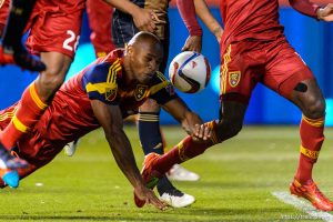 Real Salt Lake defender Jamison Olave (4) scores on a header as Real Salt Lake hosts Philadelphia Union, MLS soccer at Rio Tinto Stadium in Sandy, Saturday March 14, 2015.