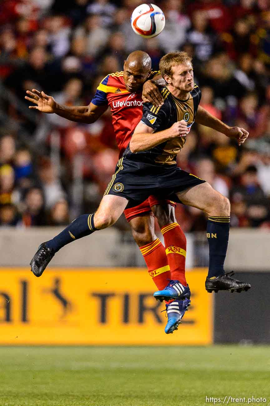 Real Salt Lake defender Jamison Olave (4) and Philadelphia's Fernando Aristeguieta leap for the ball as Real Salt Lake hosts Philadelphia Union, MLS soccer at Rio Tinto Stadium in Sandy, Saturday March 14, 2015.